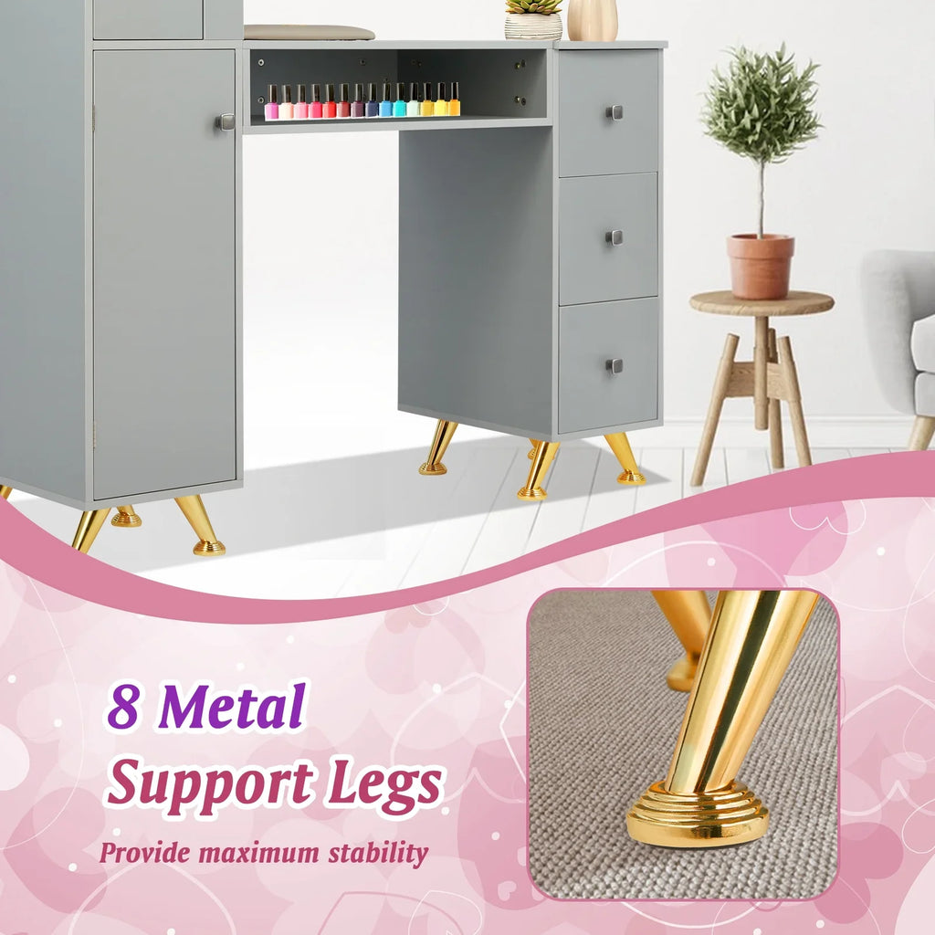 Manicure Table Nail Desk for Technician w/Wrist Rest & Plastic Table Mat, Acetone Resistant Nail Table Station w/Large Capacity Storage Space, for Home Spa Beauty Salon - Grey