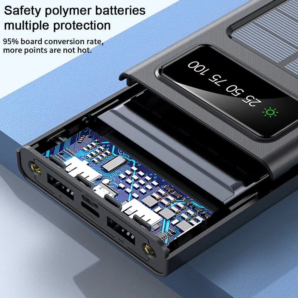 Solar Power Bank 20000Mah Built In 4 Cables Portable Charger W Dual  Flash