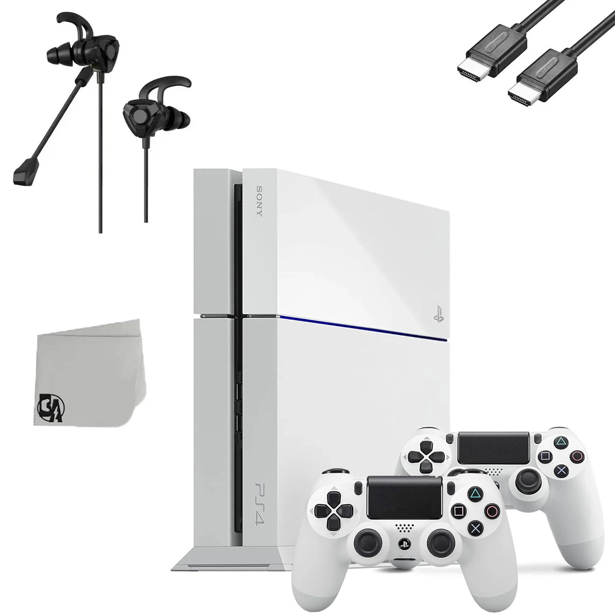 Sony PlayStation 4 Original 500GB Matte White Gaming Console With 2 Controller + G9 Earbuds With Microphone   Bundle Like New
