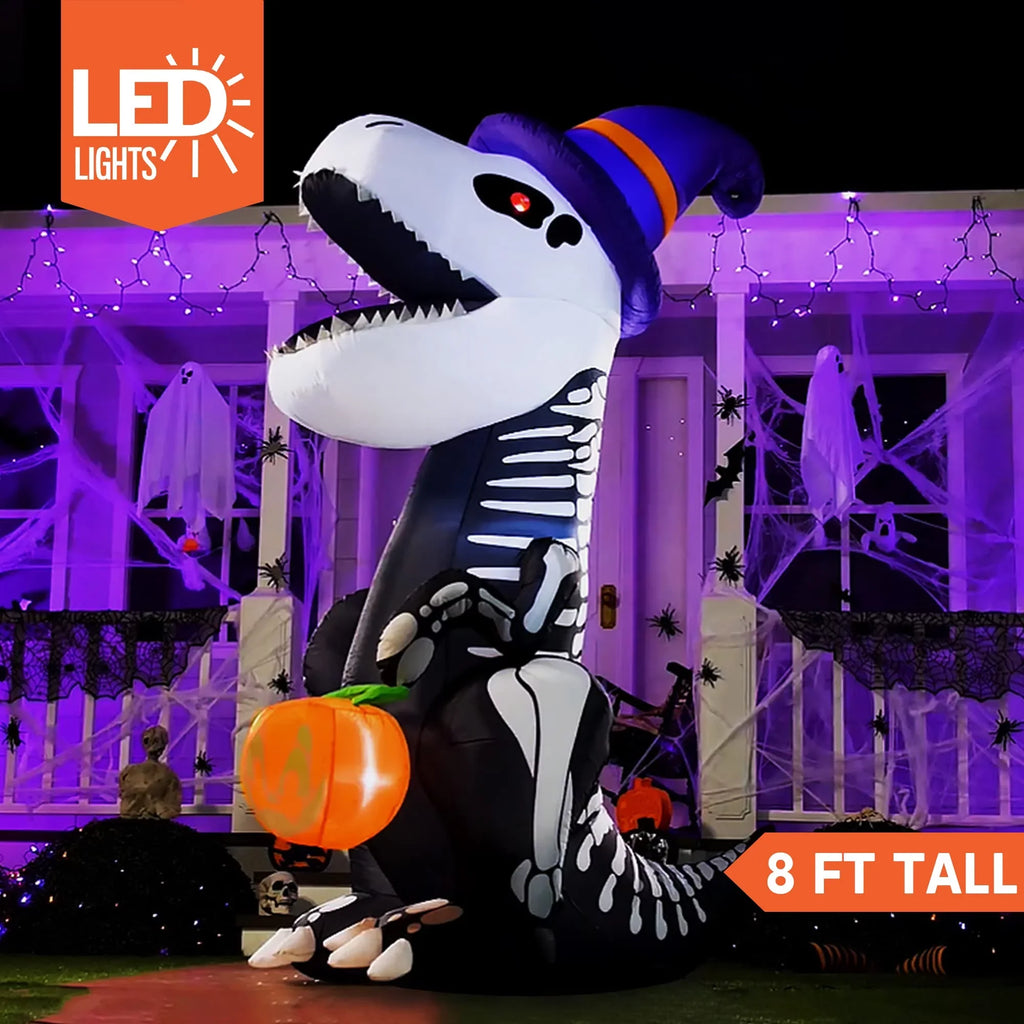 Joiedomi Halloween 8  Inflatable Skeleton Dinosaur with Build-in LEDs Blow Up Inflatables for Halloween Party Indoor, Outdoor, Yard, Garden, Lawn Decorations