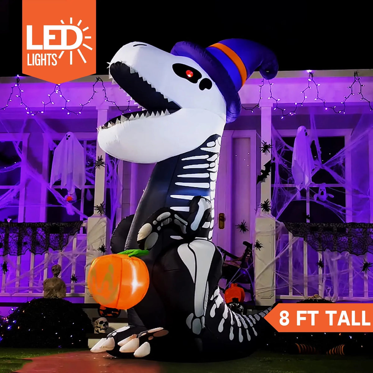 Joiedomi Halloween 8  Inflatable Skeleton Dinosaur with Build-in LEDs Blow Up Inflatables for Halloween Party Indoor, Outdoor, Yard, Garden, Lawn Decorations