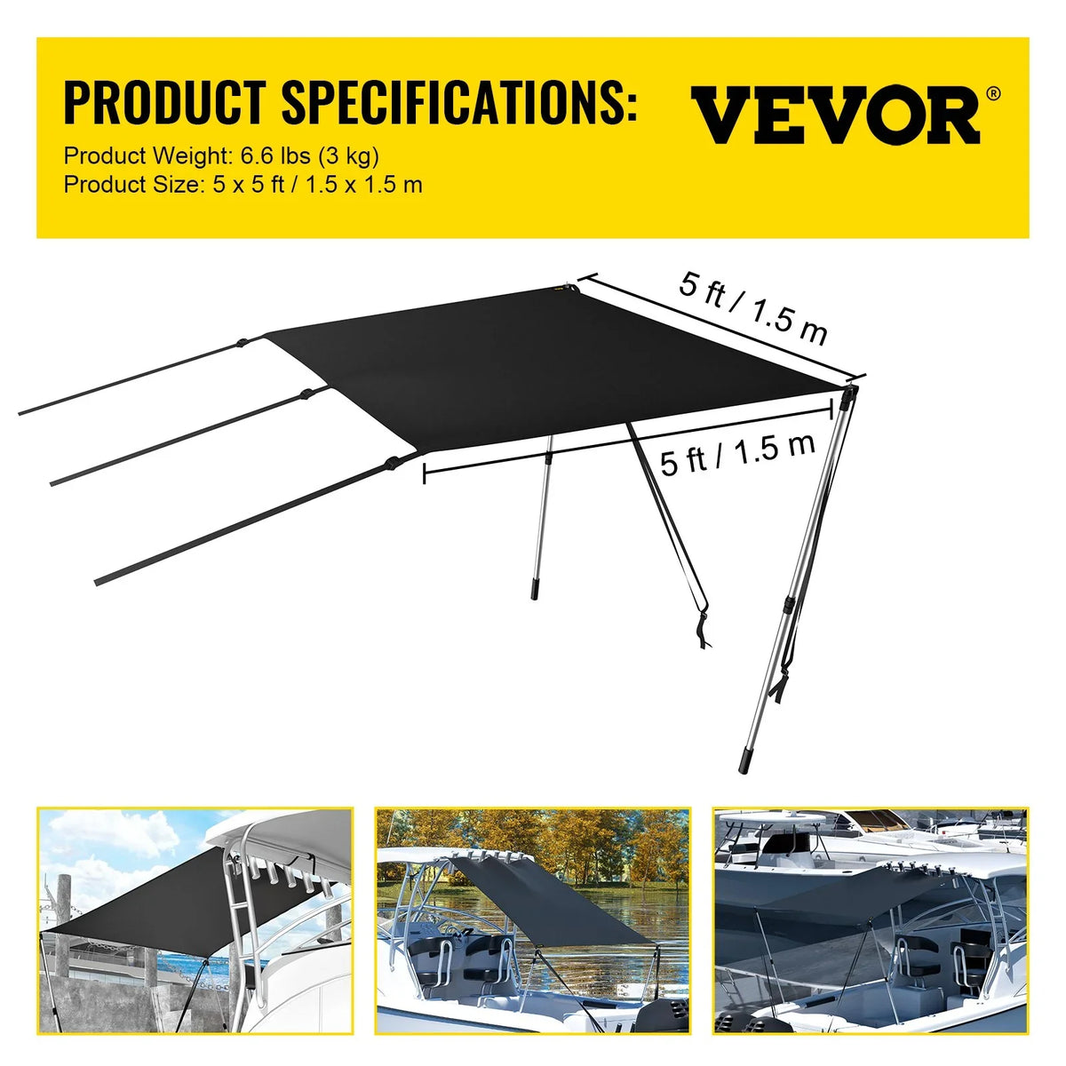 5'x5' -Proof T-Top Sun Shade Kit - 600D Polyester with Rustproof Telescopic Steel Poles, Waterproof, Easy Assembly for T-Tops & Bimini Tops