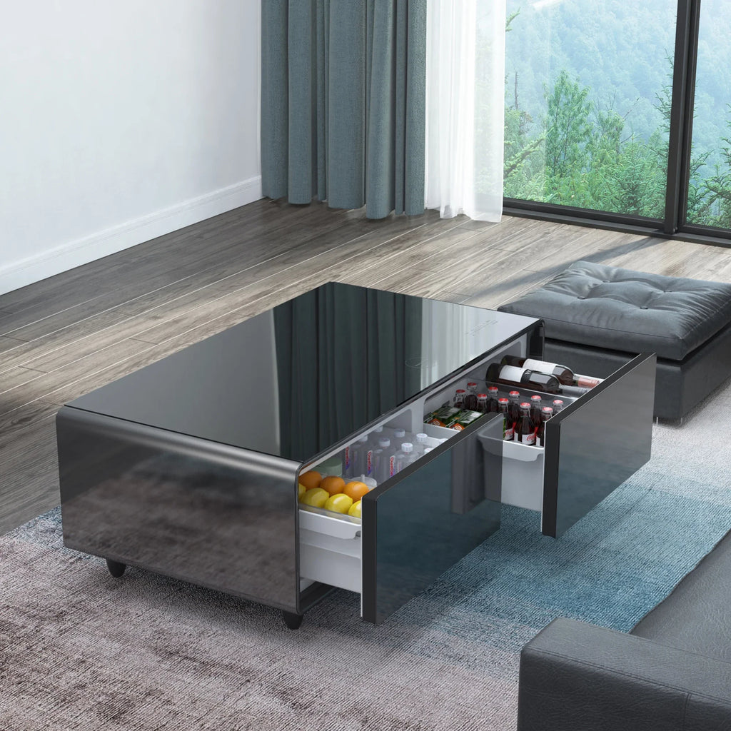 Modern Smart Coffee Table with Built-in Fridge, Bluetooth Speaker, Wireless Charging Module, Touch Control Panel, Power Socket,  Interface, Outlet Protection, Atmosphere light, Black