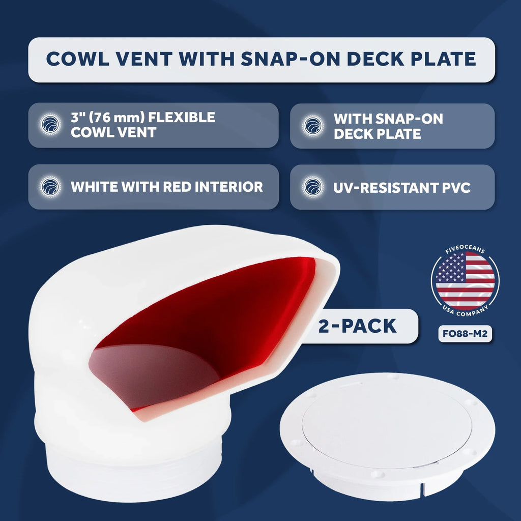 Five Oceans  3-Inch Cowl Vent with Snap-On Deck Plate and Cover, 2 Pack Low Profile -Resistant and Flexible , Red Interior, for Air Intake or Cabin Ventilation - FO88-M2