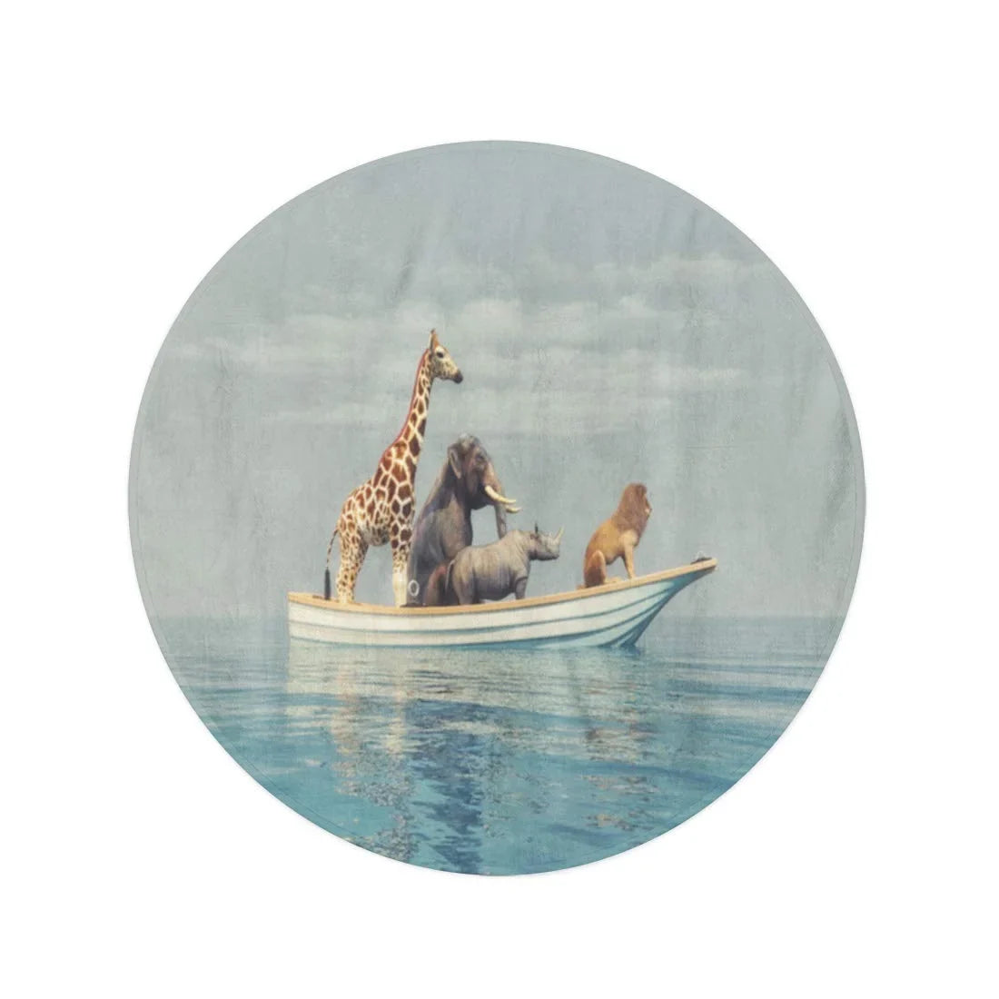 60 inch Round Beach Towel Blanket Wild Lion Rhino Elephant Giraffe Sitting in Boat Travel Circle Circular Towels Mat Tapestry Beach Throw