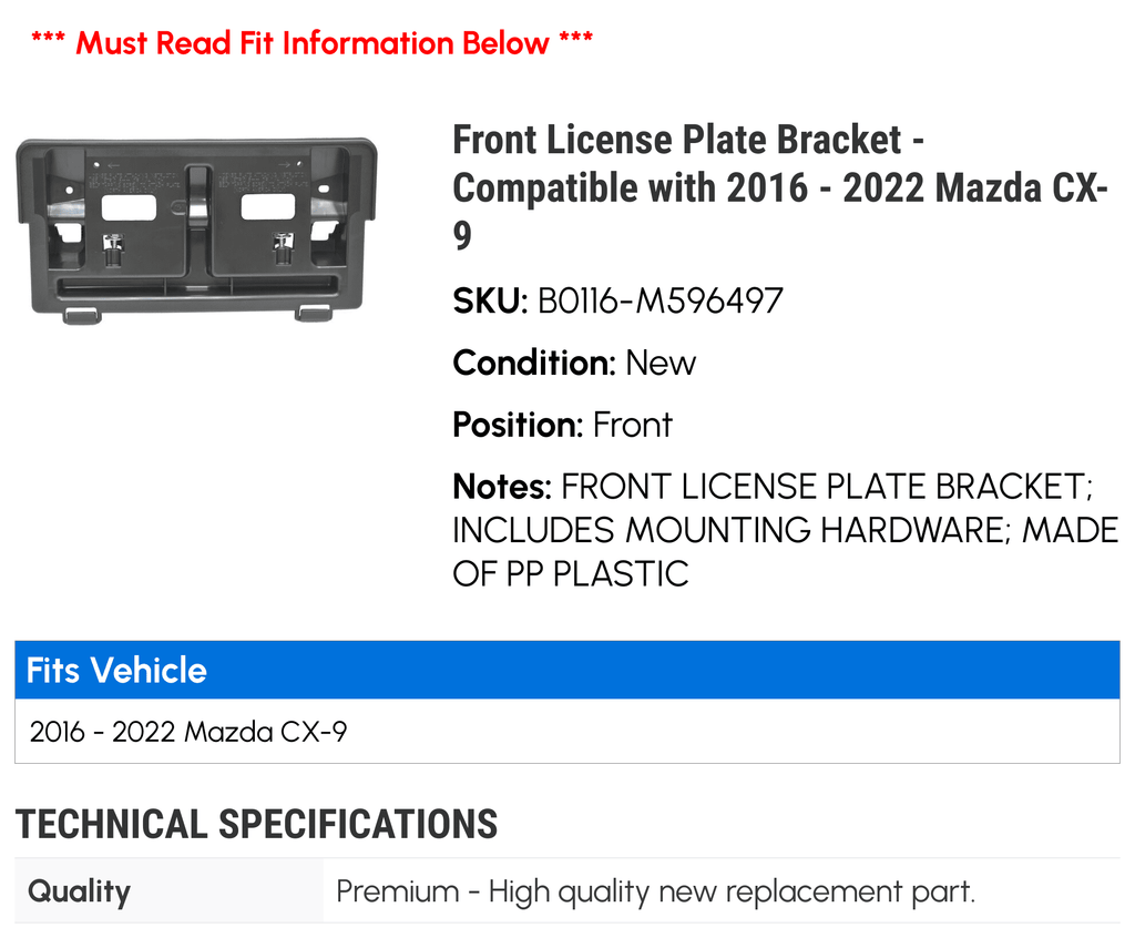 Front License Plate Bracket - Compatible with 2016 - 2022 Mazda -9 2017 2018 2019 2020 2021