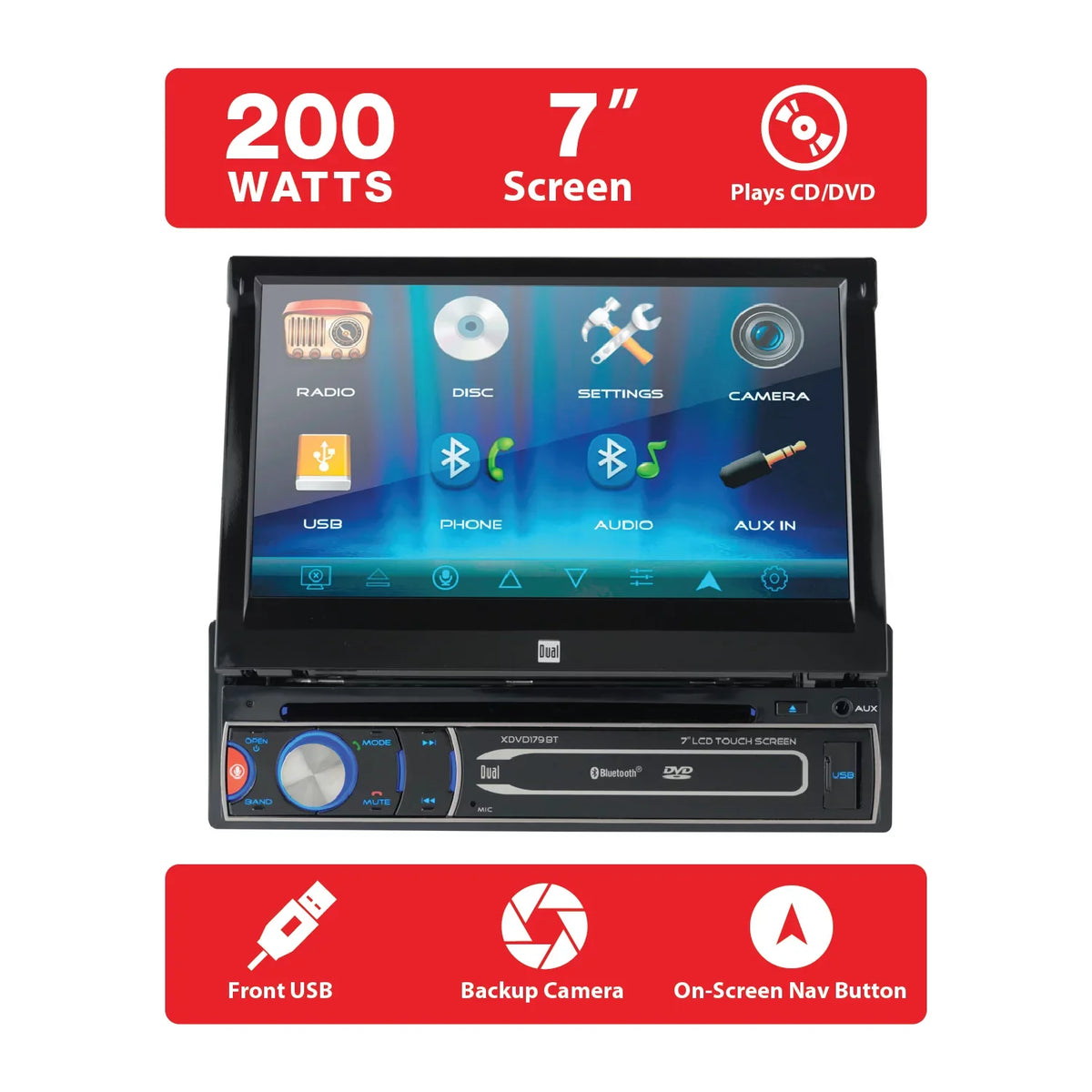 Dual Electronics XDVD179BT 7 inch Single  Car Stereo, Motorized Touch Screen, /, New