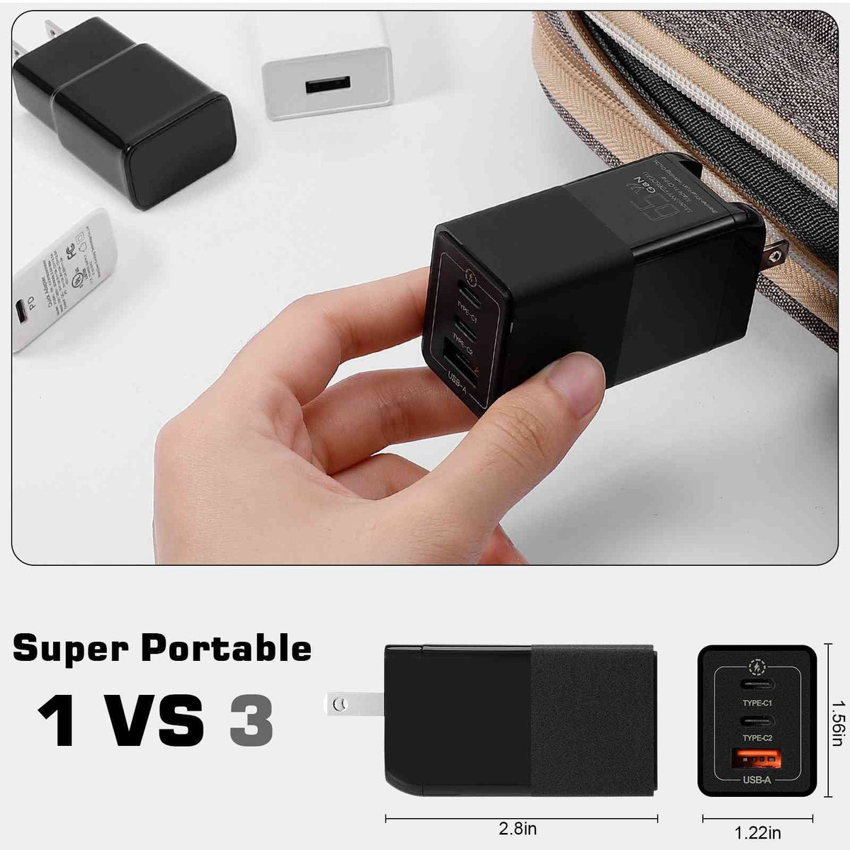 UrbanX 65W Fast Travel Charger with 3 Ports  & Dual -C High-Speed Charging Compatible with Doogee S86/S88 Plus/S96 Pro/S58 Pro/S59, iPhone, Samsung Galaxy, Google Pixel, MacBook, Steam Deck