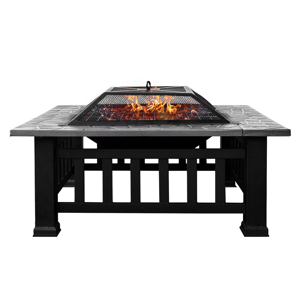 Kmowoo Multifunctional Fire Pit Table 32in 3 in 1 Metal Square Patio Firepit Table  Garden Stove with Spark Screen, Cover, Log Grate and Poker