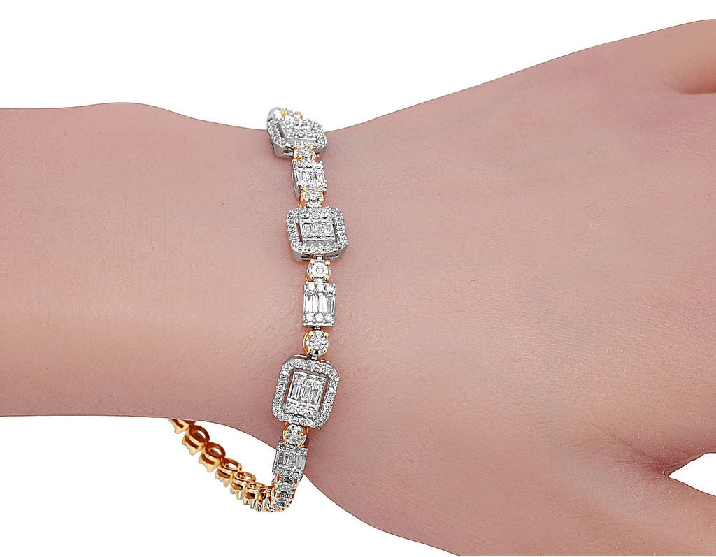Baguette Cluster Halo 1.30  Diamond Illusion n Toni Set Bracelet Yellow-White Gold 3MM 7"