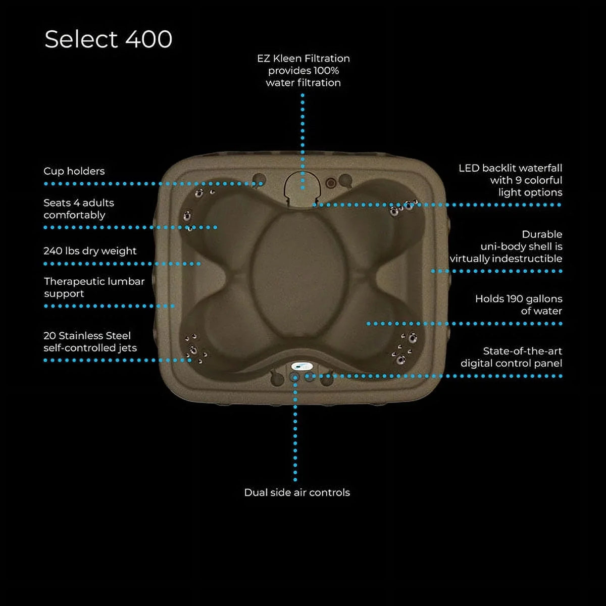 Aquarest Spas Powered By Jacuzzi® -400 Select 4- Person 20 - Jet- Plug and Play Hot Tub w/ waterfall - Brownstone