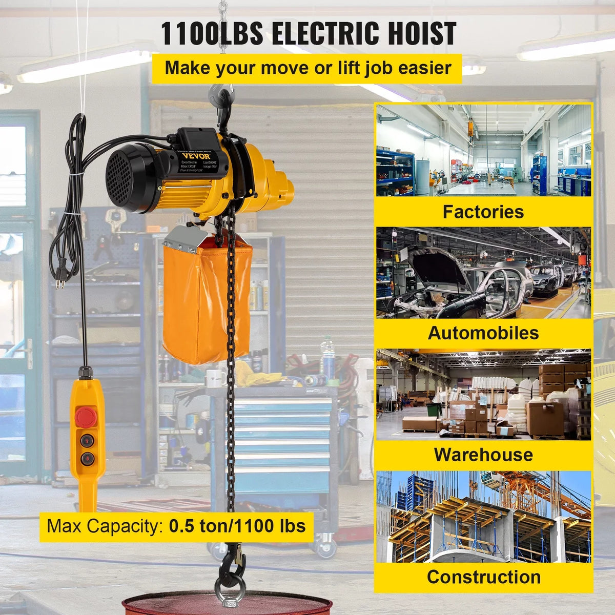 Lift Electric Hoist, 1100 lbs Electric Winch w/ 10ft Wired Remote Control, 110V Overhead Crane Garage Ceiling Pulley Winch of 14.8ft Lift Height, Used In Factories, Warehouses, Construction