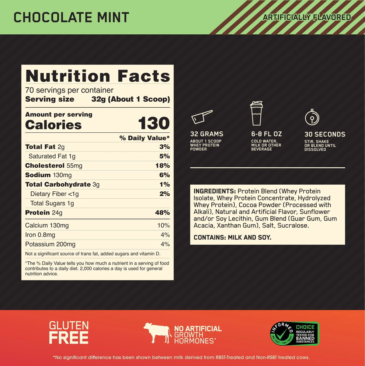 Optimum Nutrition, Gold Standard 100% Whey Protein Powder, Chocolate Mint, 4.94 lb, 70 Servings