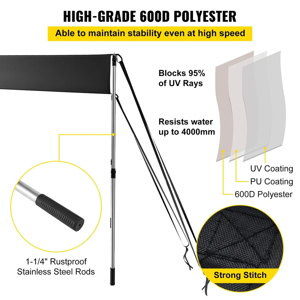 5'x5' -Proof T-Top Sun Shade Kit - 600D Polyester with Rustproof Telescopic Steel Poles, Waterproof, Easy Assembly for T-Tops & Bimini Tops