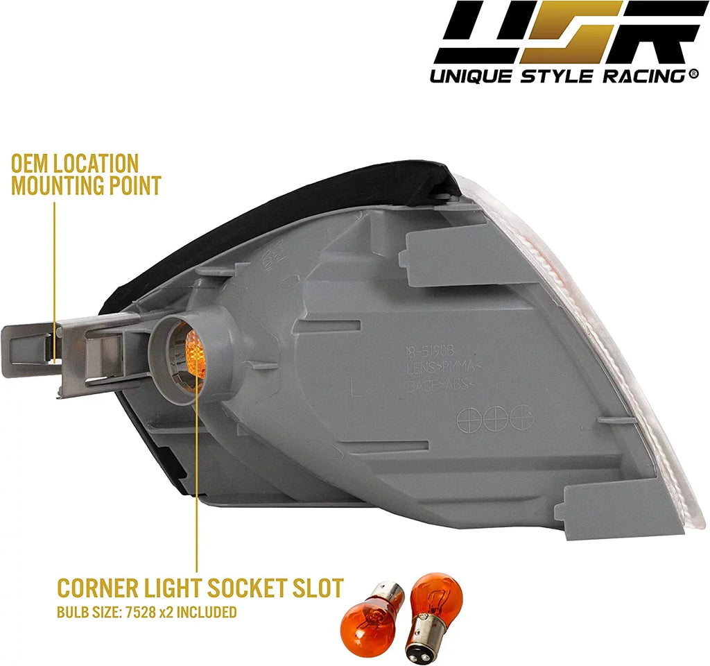 R129 Corner Lights - Replacement Amber / Clear Frost Lens Front Turn Signal Lamps Set (Left + Right) Compatible with 1990-2002 Mercedes Benz R129 Chassis  Class Roadster