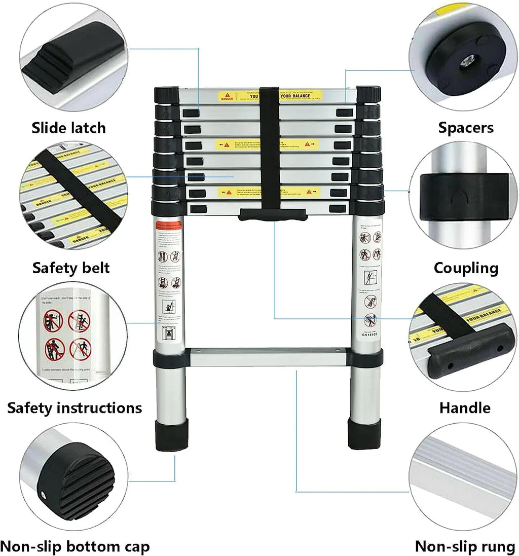Telescoping Ladder, 8.5  Aluminum Extension Ladder Step Ladders Loft Ladder Attic Ladder Collapsible Ladders for Home, Multi-Purpose Telescopic Compact Ladder for Roof, 330 Pound , EN131