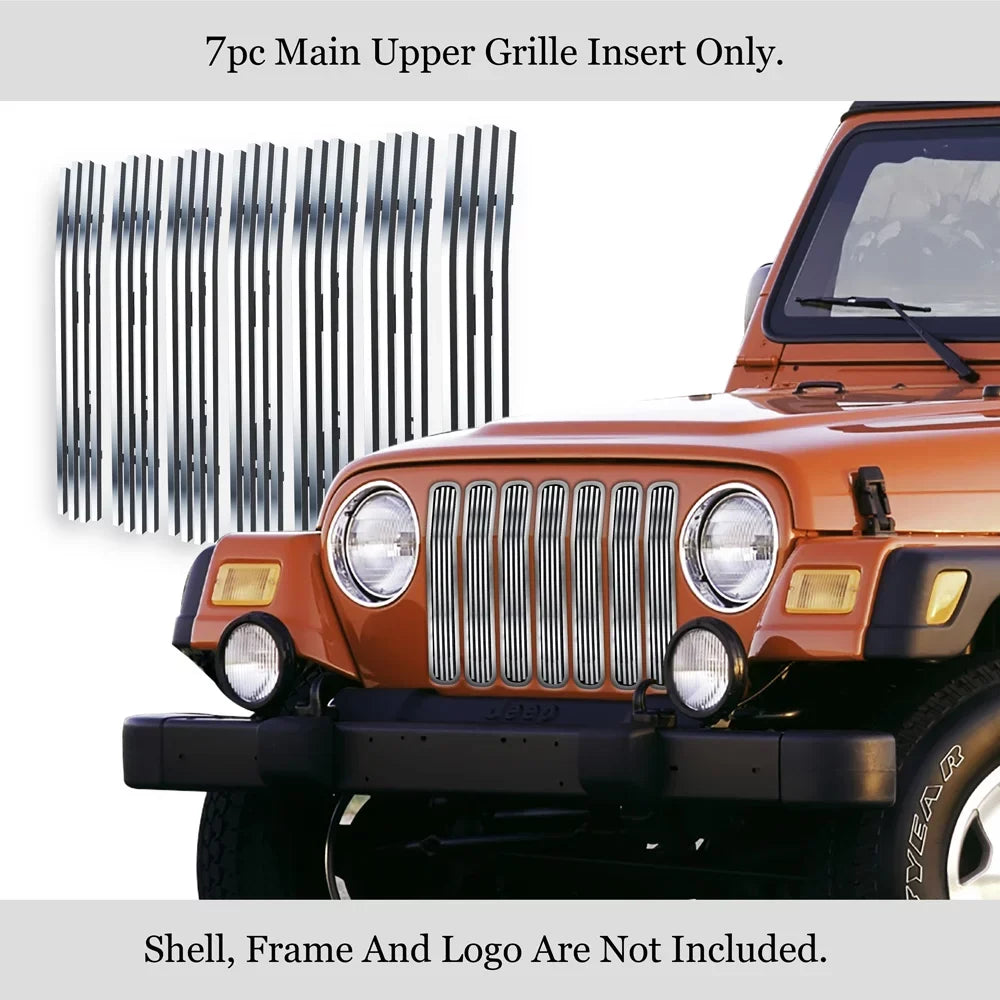 Premium Stainless Steel Chrome 8x6 Billet Grille Compatible with Jeep Wrangler 1997-2006 with Chrome Shell Model Main Upper N19-S09458J