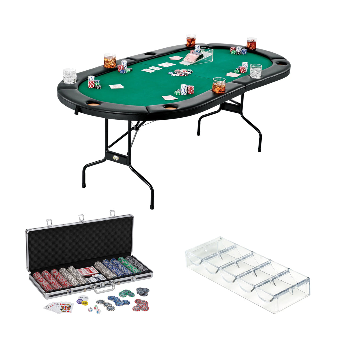 Fat Cat Folding Texas Hold'Em Table, Fat Cat Bling 13.5 Grams 500Ct Poker Chip Set, and Poker Chip Tray- 2pc.