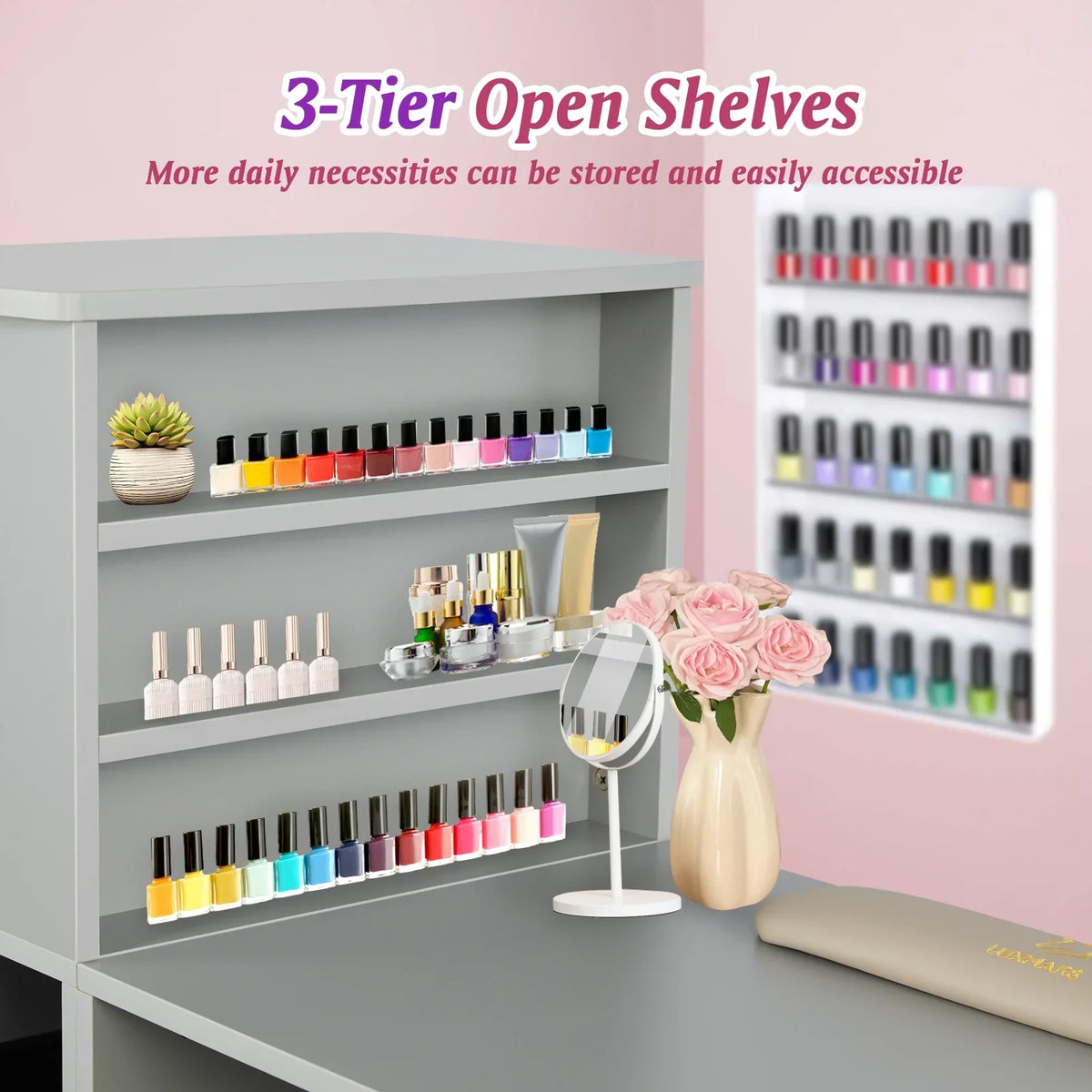 Manicure Table Nail Desk for Technician w/Wrist Rest & Plastic Table Mat, Acetone Resistant Nail Table Station w/Large Capacity Storage Space, for Home Spa Beauty Salon - Grey