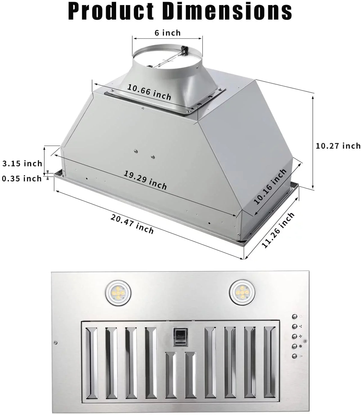 Range Hood 20 inch Built in Range Hood 600 Cfm Vent 3-Speed Non-Ducted Integrated Cabinet