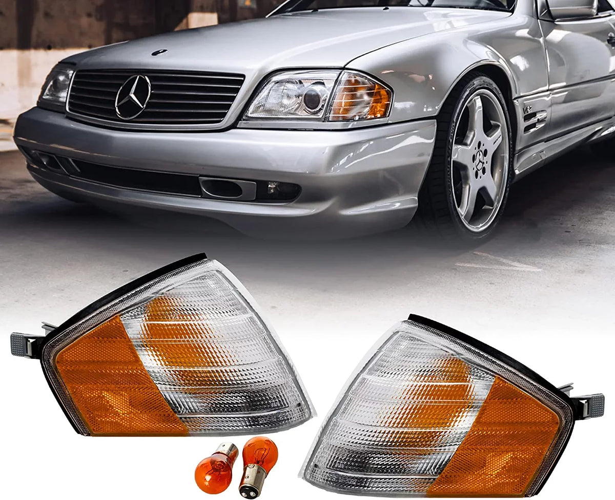 R129 Corner Lights - Replacement Amber / Clear Frost Lens Front Turn Signal Lamps Set (Left + Right) Compatible with 1990-2002 Mercedes Benz R129 Chassis  Class Roadster
