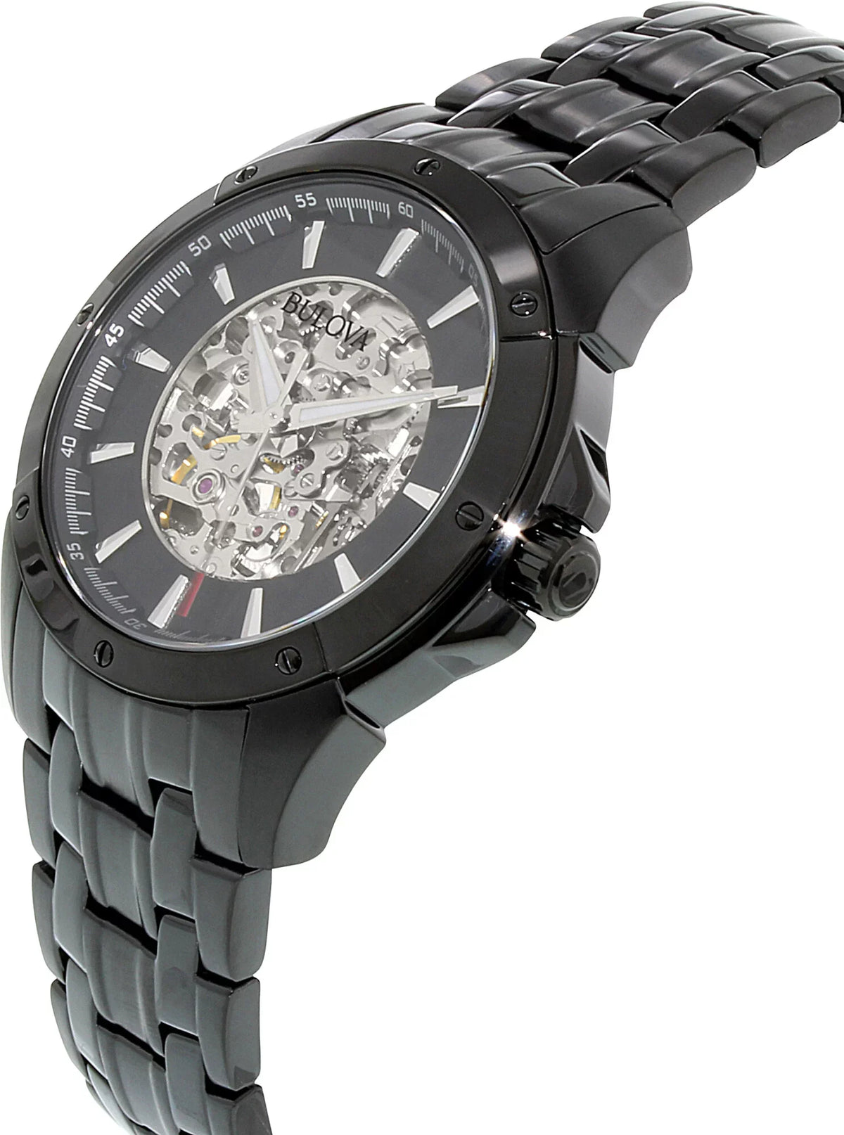 Men's Black and Silver Skeleton Dial Black  Steel Bracelet Automatic Watch 98A147