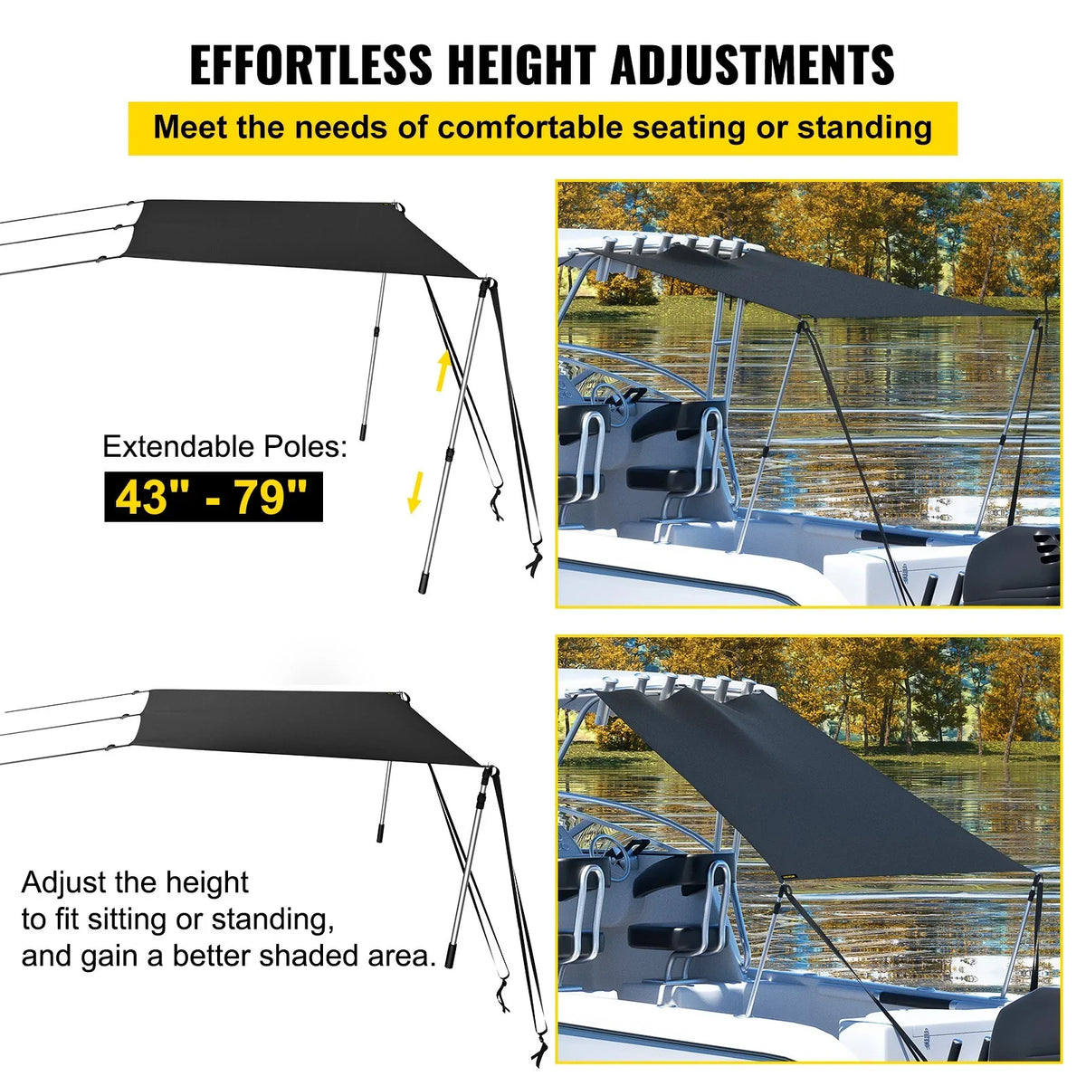 5'x5' -Proof T-Top Sun Shade Kit - 600D Polyester with Rustproof Telescopic Steel Poles, Waterproof, Easy Assembly for T-Tops & Bimini Tops
