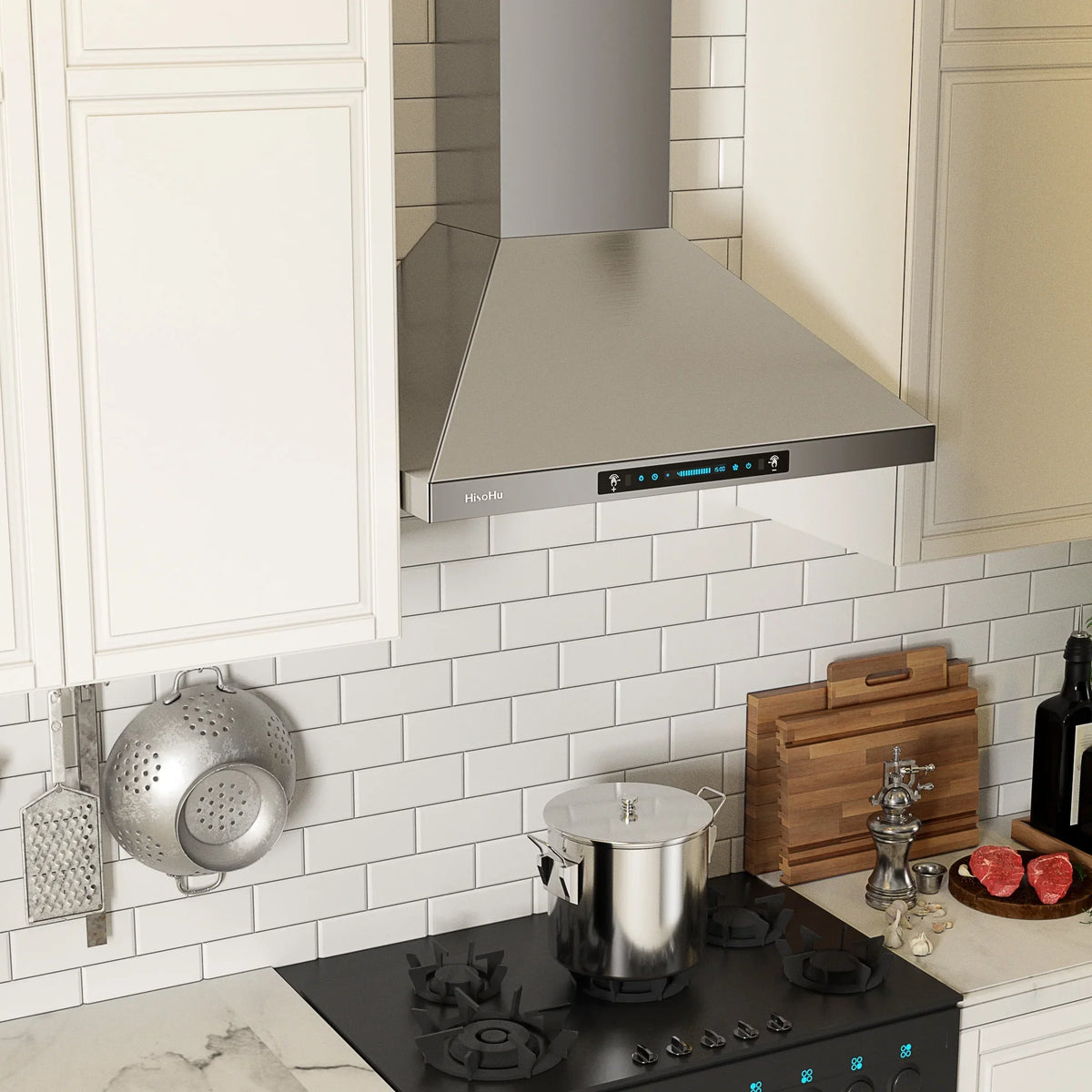 HisoHu Wall Mount Kitchen Hood Range Hoods with Ducted/Ductless Convertible Duct, 36 Inch 780  Stainless Steel Vent Hood, 4 Speed Gesture Sensing Exhaust Hood with Dimmable  lights(A02-36")