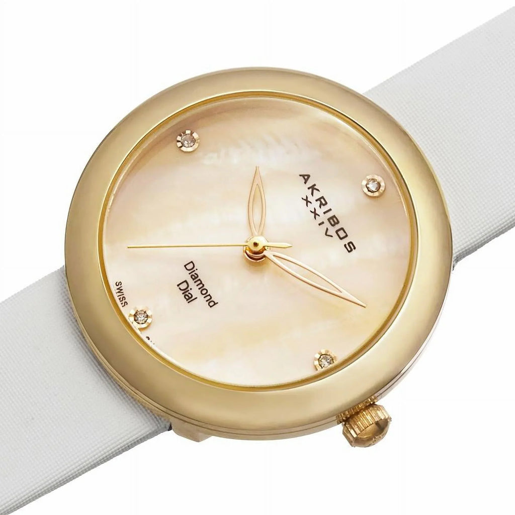 AK687YGW Swiss Quartz  Diamond Dial Satin Strap Womens Watch