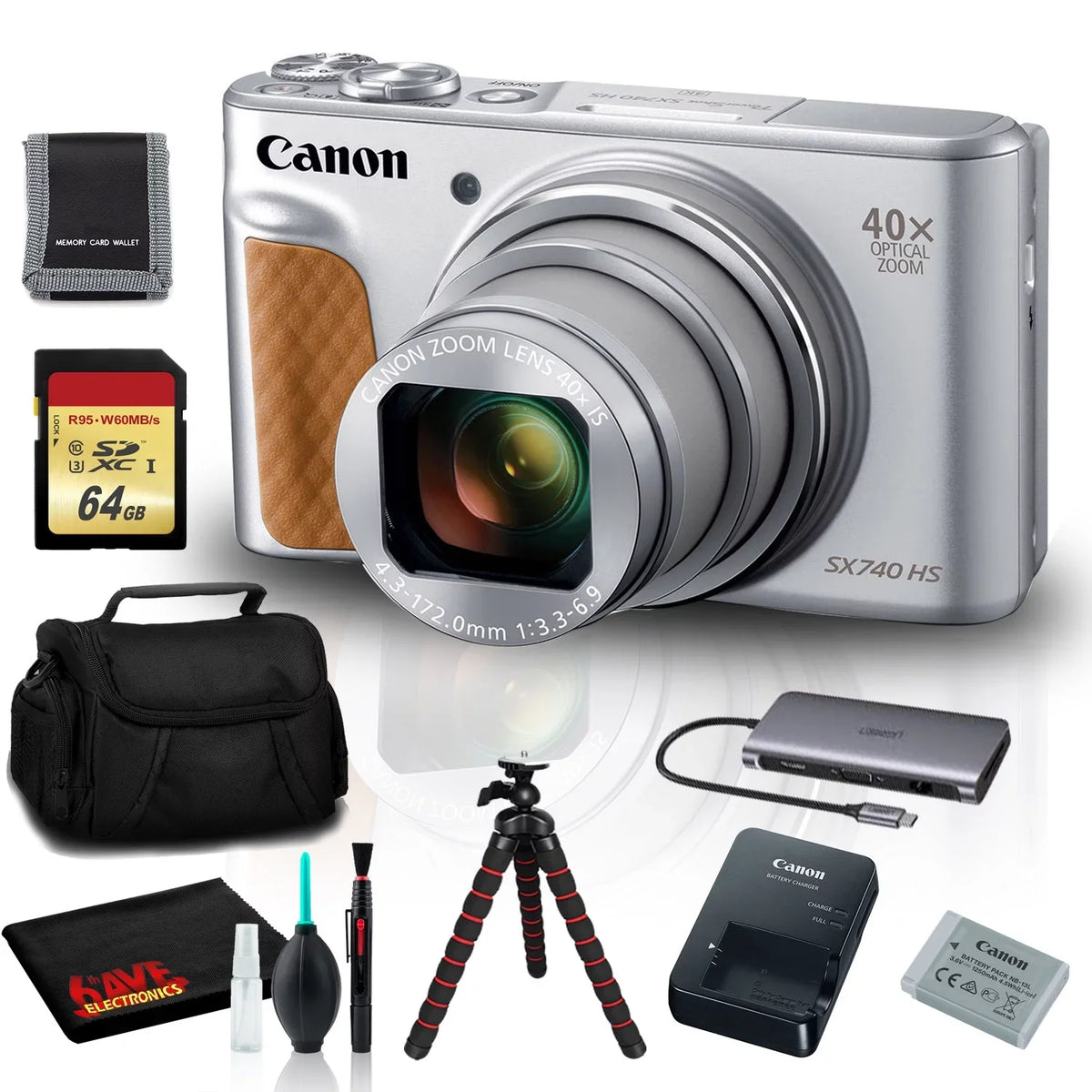 Canon PowerShot SX740  Digital Camera (Silver) with 64GB , Tripod, and More