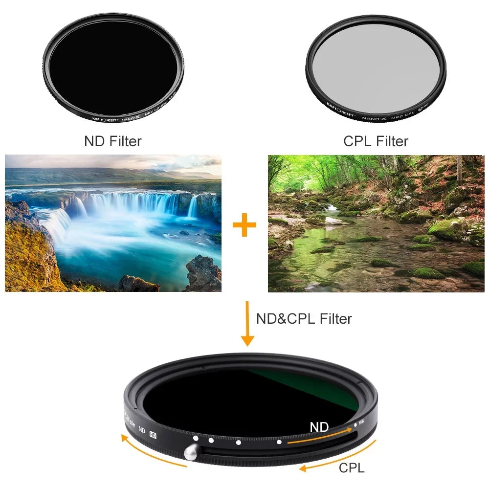 K&F  67mm 2-in-1 Variable Adjustable Filter Neutral Density Fader 5-Stop ND2-ND32 and  Circular Polarizing Filter Ultra-thin with Cleaning Cloth for Camera Lens