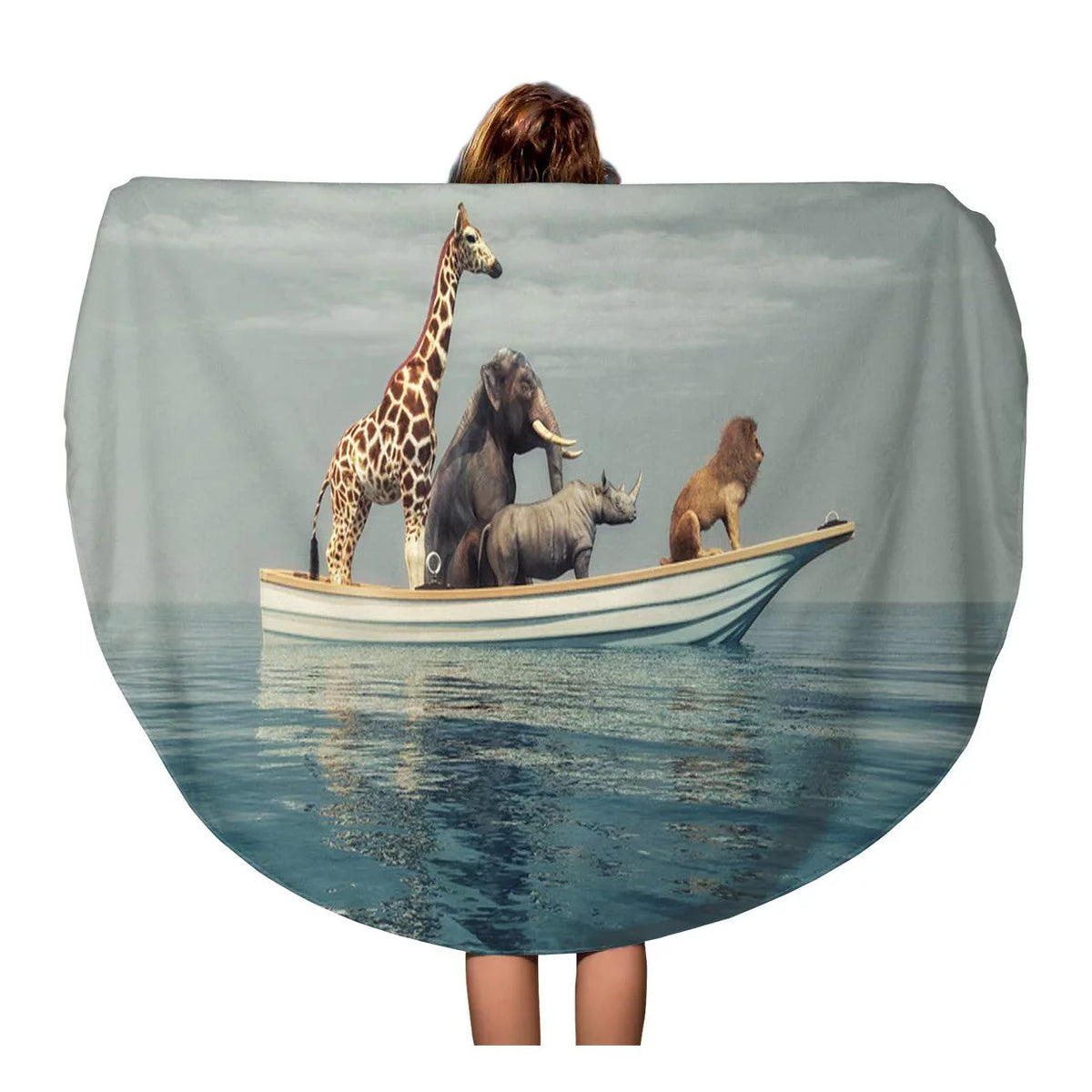 60 inch Round Beach Towel Blanket Wild Lion Rhino Elephant Giraffe Sitting in Boat Travel Circle Circular Towels Mat Tapestry Beach Throw