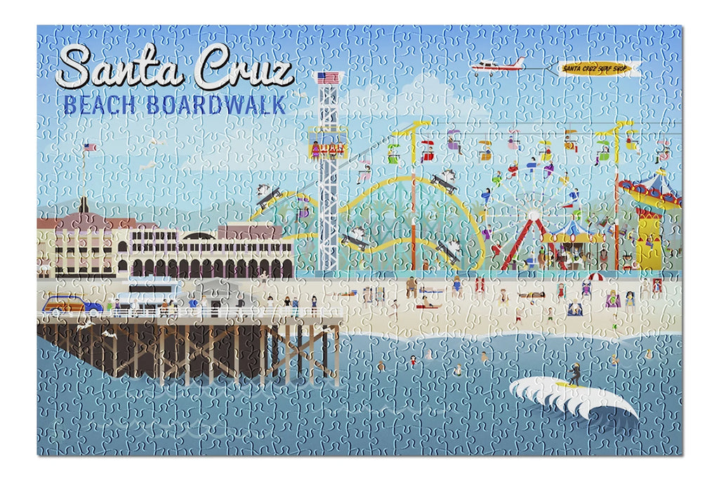 Santa Cruz, California, Retro Scene (19x27 inches, Premium 500 Piece Jigsaw Puzzle for Adults and Family, Made in )