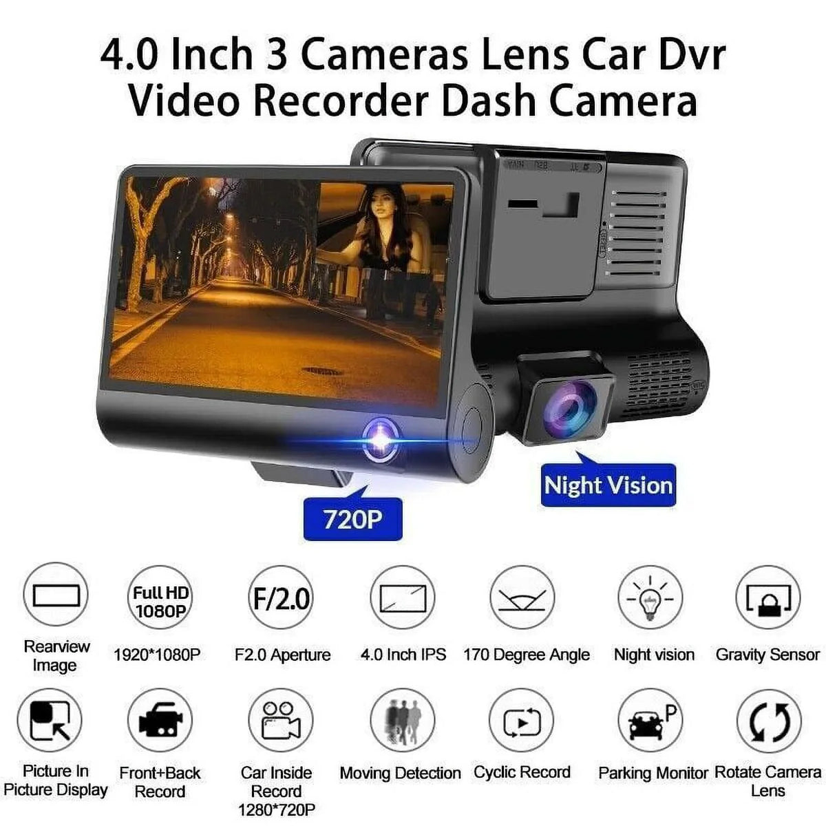 Xhy Car Dual Lens Dash Cam 1080P 4"   Front/Rear/Built-In Video Camera Driving Recorder G-Sensor, Motion Detection and Parking Monitoring