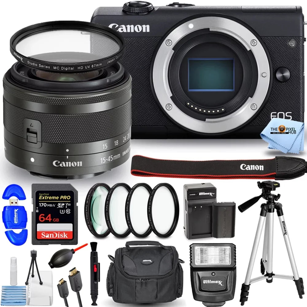 Canon  M200 Mirrorless Digital Camera with 15-45mm Lens (Black) Filter Bundle