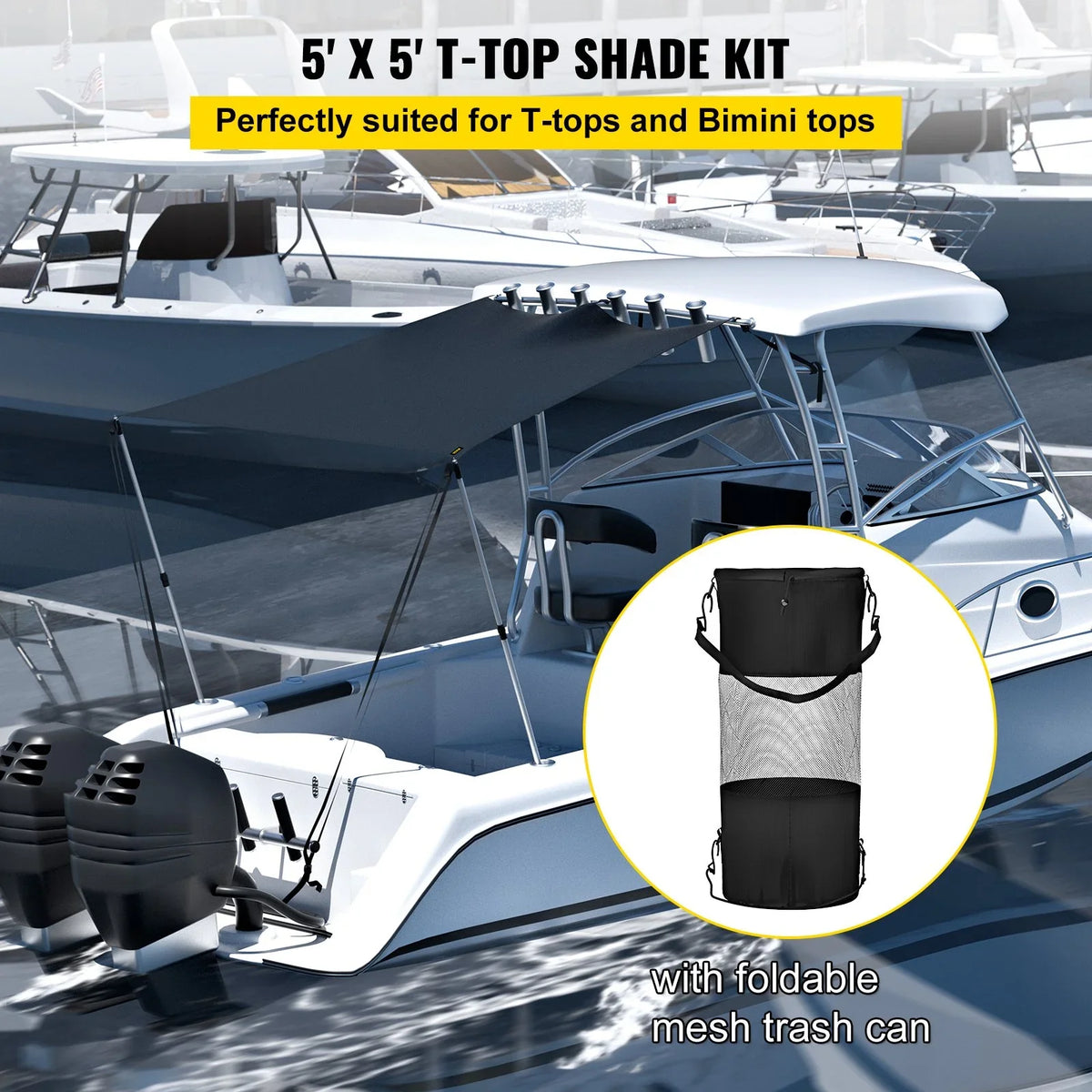 5'x5' -Proof T-Top Sun Shade Kit - 600D Polyester with Rustproof Telescopic Steel Poles, Waterproof, Easy Assembly for T-Tops & Bimini Tops