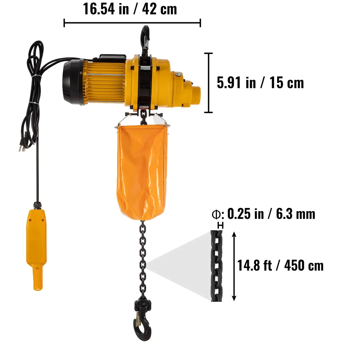 Lift Electric Hoist, 1100 lbs Electric Winch w/ 10ft Wired Remote Control, 110V Overhead Crane Garage Ceiling Pulley Winch of 14.8ft Lift Height, Used In Factories, Warehouses, Construction