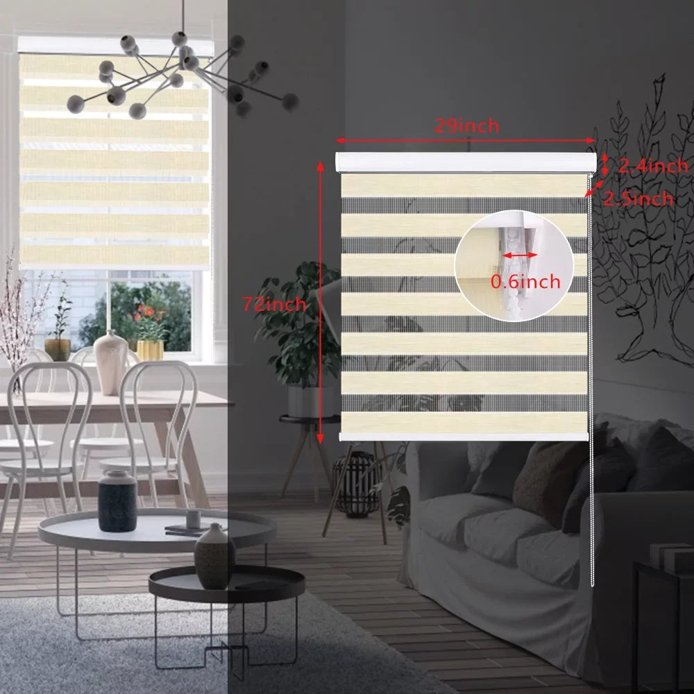 Zebra Blinds for Windows, Dual Layer Roller Sheer Shades Blinds for Day and Night, Light Control Window Treatments Shades with Valance Cover, 29" W x 72" L, Striped Beige