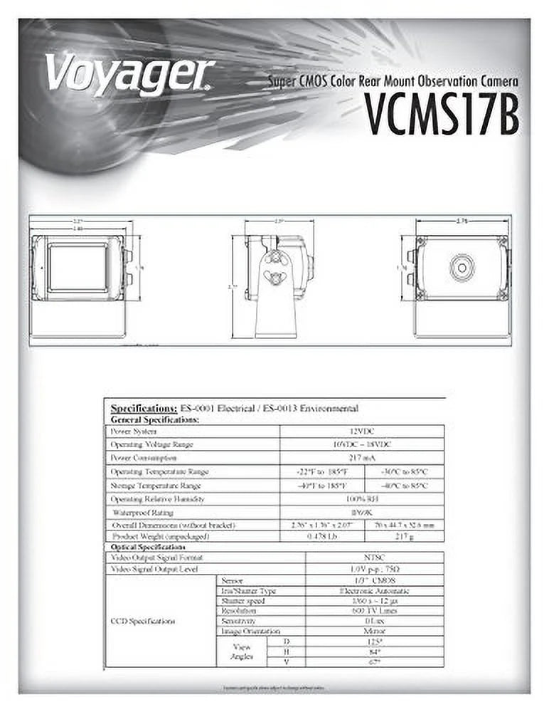 Voyager VCMS17B Super  Color Rear Mount Observation Camera with  Low-Light Assist, Built-In Microphone, Black