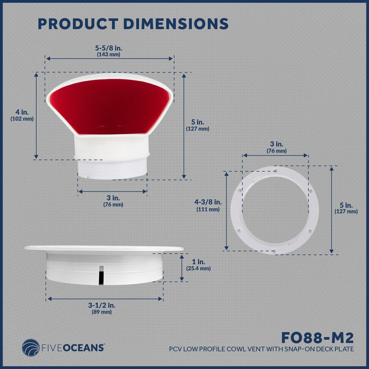 Five Oceans  3-Inch Cowl Vent with Snap-On Deck Plate and Cover, 2 Pack Low Profile -Resistant and Flexible , Red Interior, for Air Intake or Cabin Ventilation - FO88-M2